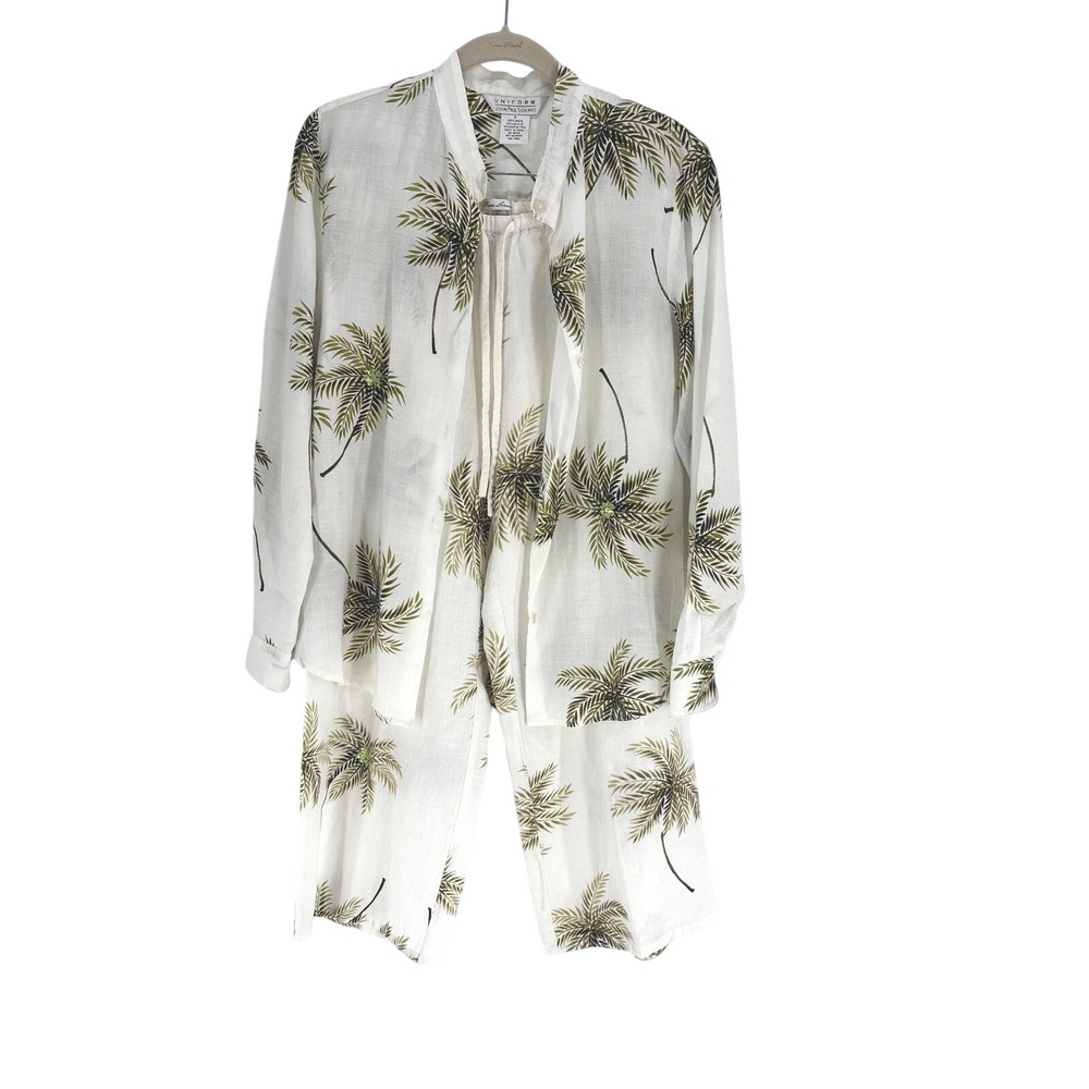 John Paul Richard Linen Pant Set Small Palm Tree Print Vacation Resort Wear
